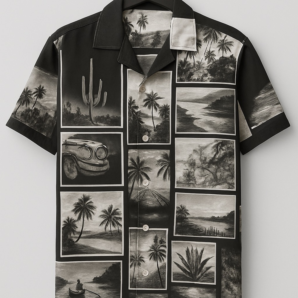 Black and White Casual Button Down Shirt with Vintage Photo Collage
